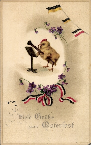 Litho Glückwunsch Ostern, Küken beim Musizieren