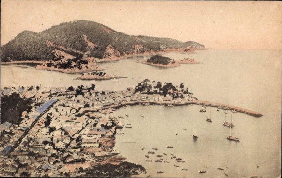 Ak Tomonoura Tomonotsu Hiroshima Japan, Landschaft mit Küste, Booten, Bergen,  Inland Sea