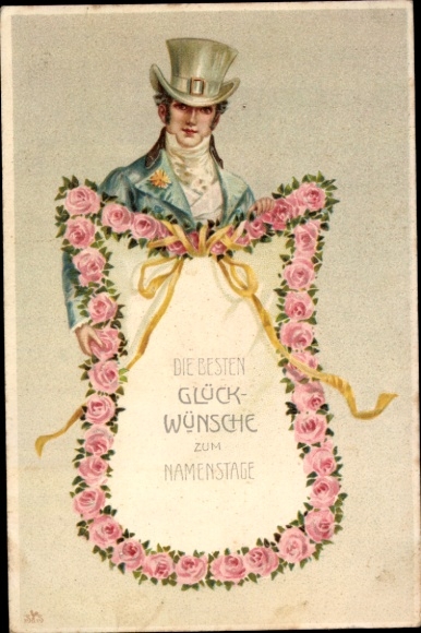 Ak Glückwunsch zum Namenstag, Rosen, Mann mit Zylinder
