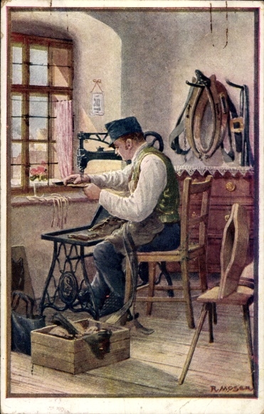 Künstler Ak Moser, R., KuK Soldat, Nähmaschine