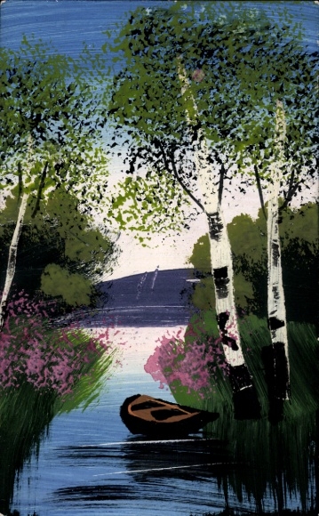 Handgemalt Ak Birken am Ufer, Ruderboot