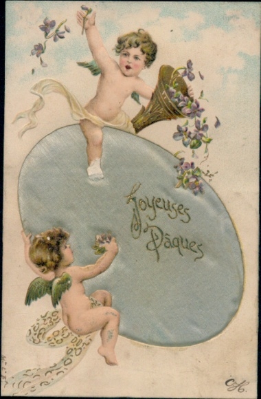 Stoff Ak Frohe Ostern, Osterei, Engel mit Füllhorn, Veilchen