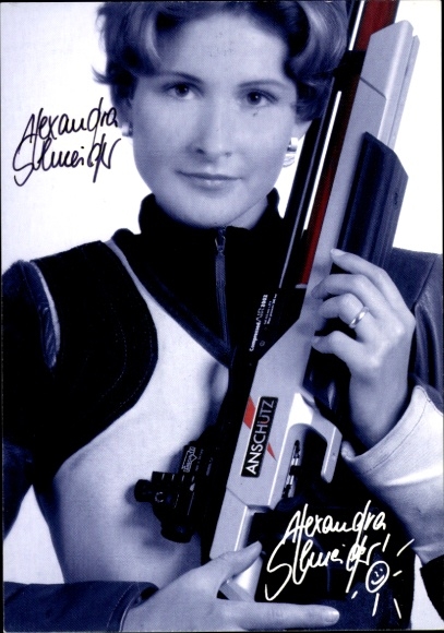 Autogrammkarte Sportschützin Alexandra Schneider, Portrait, Autogramm