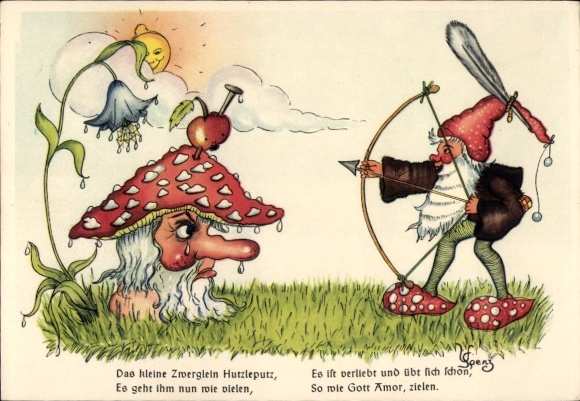 Künstler Ak Das kleine Zwerglein Hutzleputz, Fliegenpilz, Gott Amor