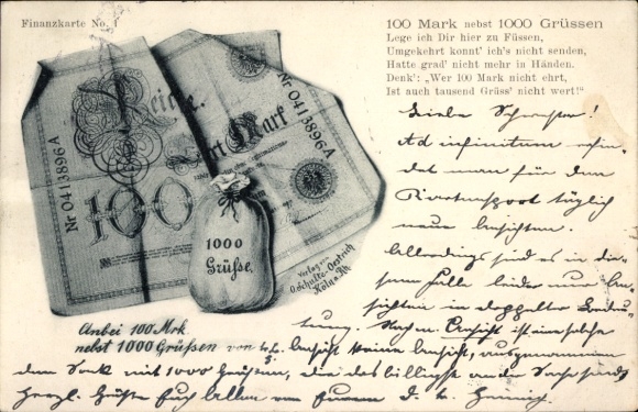 Ak Finanzkarte, Geldscheine, Geldsack