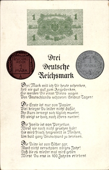 Ak Drei deutsche Reichsmark, Drei Mark will ich Dir heute schenken...