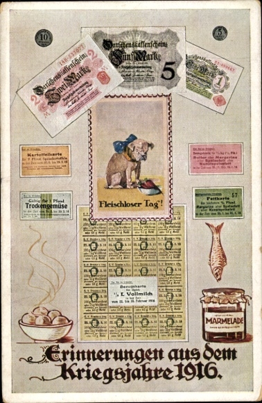 Ak Erinnerungen aus dem Kriegsjahre 1916, Fisch, Marmelade, Geldscheine