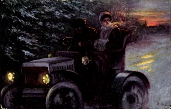 Künstler Ak Ulreich, F., Mann und Frau in einem Automobil