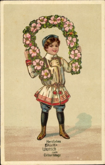 Glitzer Ak Glückwunsch Geburtstag, Junge in Tracht, Hufeisen