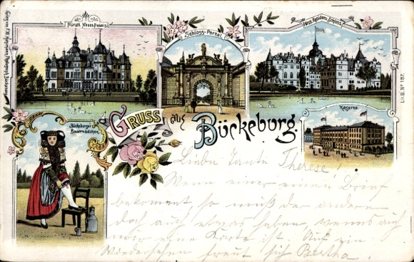 Litho Bückeburg Schaumburg, Fürstliches Neues Palais, Schlossportal, Kaserne, Bauernmädchen