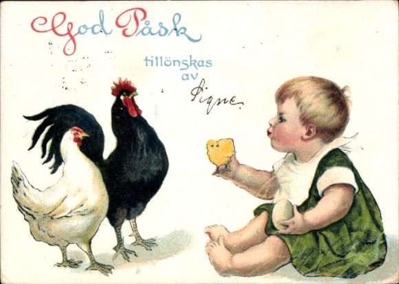Künstler Ak Nyström, Jenny, Frohe Ostern, Hühner, Kleinkind mit Küken und Ei