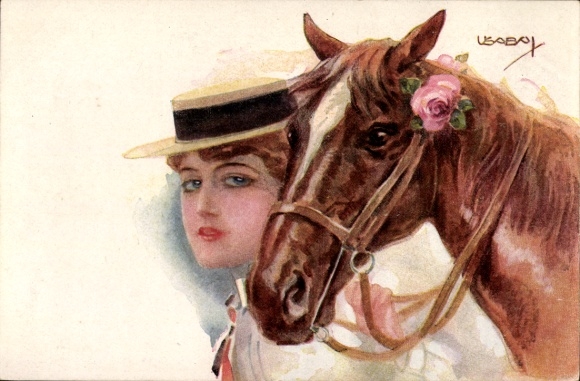 Künstler Ak Usabal, Luis, Frau mit Hut, Pferd