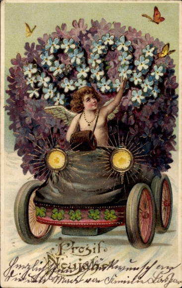Präge Litho Glückwunsch Neujahr 1904, Engel, Auto, Blumen