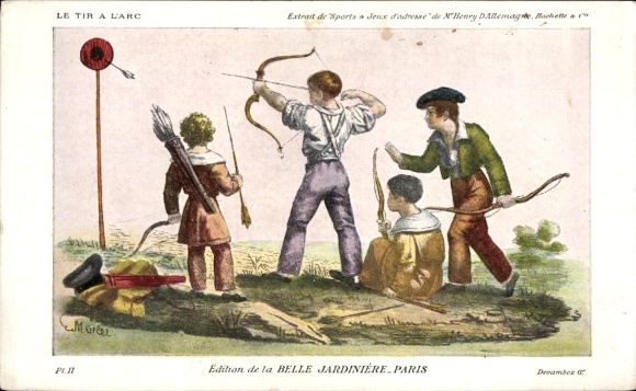 Künstler Ak Jungen üben sich in Bogenschießen, Bogen, Schießscheibe, Reklame, Belle Jardiniere Paris