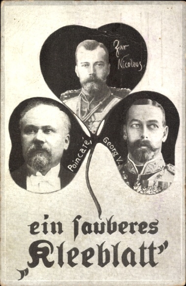 Passepartout Ak Ein sauberes Kleeblatt, Georg V, Zar Nikolaus II. von Russland, Raymond Poincare