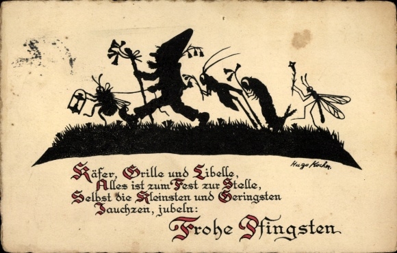 Scherenschnitt Ak Frohe Pfingsten, Käfer, Grille und Libelle, Zwerg