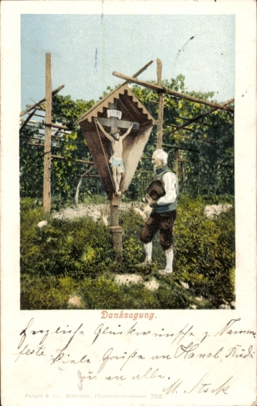 Ak Danksagung, Mann betet an einem Bildstock