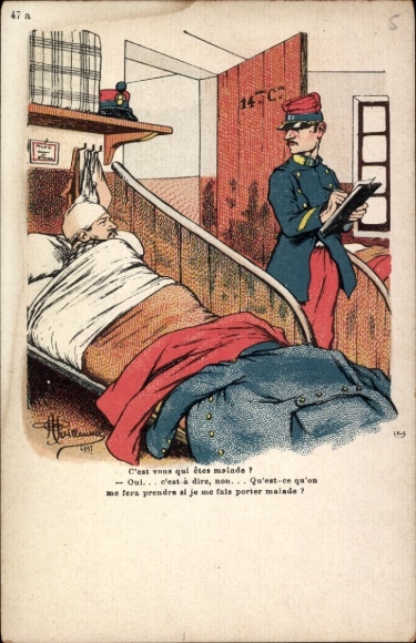Künstler Ak Französische Armee, Kranker Soldat im Bett