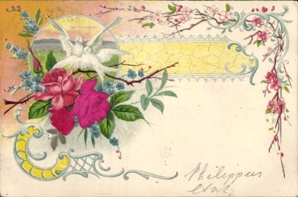 Präge Material Ak Tauben, Blumen, Kitsch
