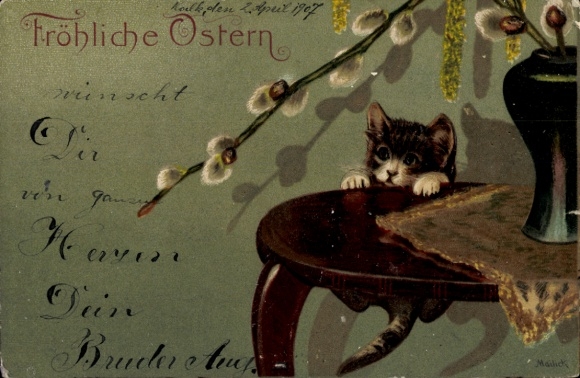 Künstler Präge Ak Mailick, Glückwunsch Ostern, Katze, Weidenkätzchen
