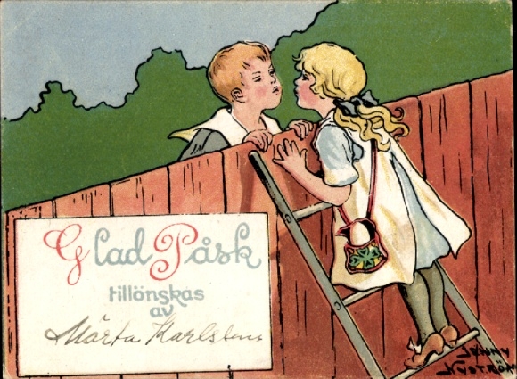Künstler Ak Nyström, Jenny, Frohe Ostern, Junge und Mädchen küssen sich über einen Zaun hinweg