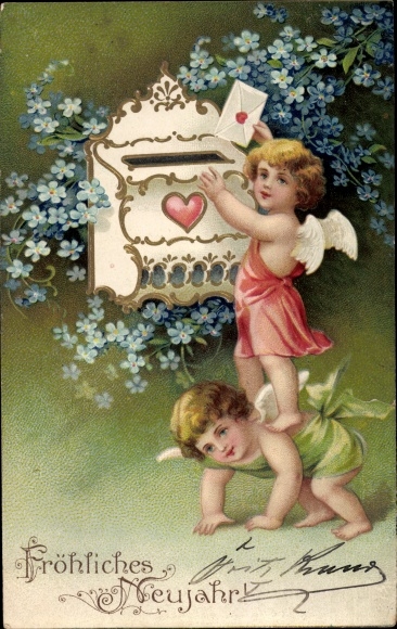 Präge Litho Glückwunsch Neujahr, Engel, Briefkasten, Vergissmeinnicht
