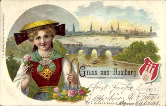 Litho Hamburg, Brücke, Dame in Tracht, Wappen