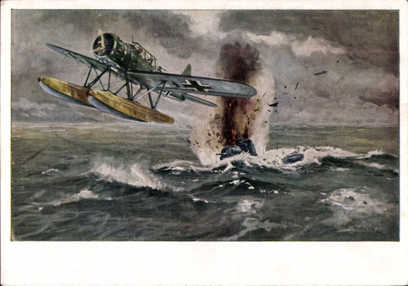 Künstler Ak Matejko, Theo, Arado Ar 196 Flugzeug versenkt feindliches U Boot, II. WK
