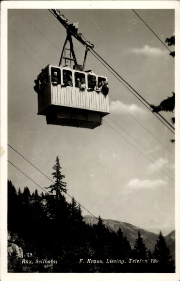 Ak Bergmassiv Rax Niederösterreich, Seilbahn,  Personen in Gondel, F. Kraus, Liesing, Telefon 120