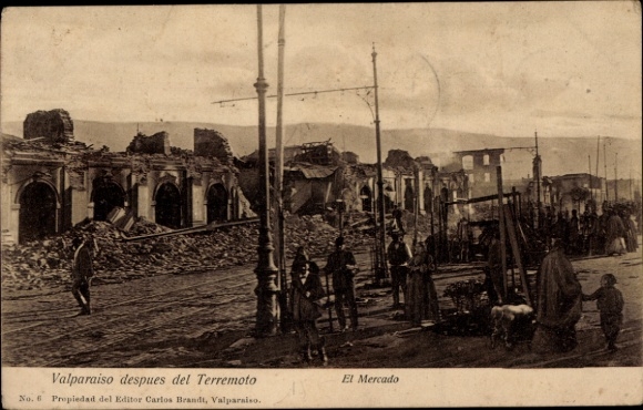 Ak Valparaíso Chile, Valparaiso nach dem Erdbeben, Markt, Zerstörung, Menschen, Tiere