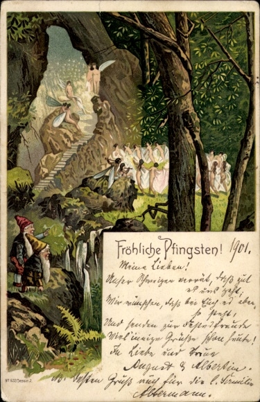 Litho Glückwunsch Pfingsten, Zwerge, Feengestalten, Fest