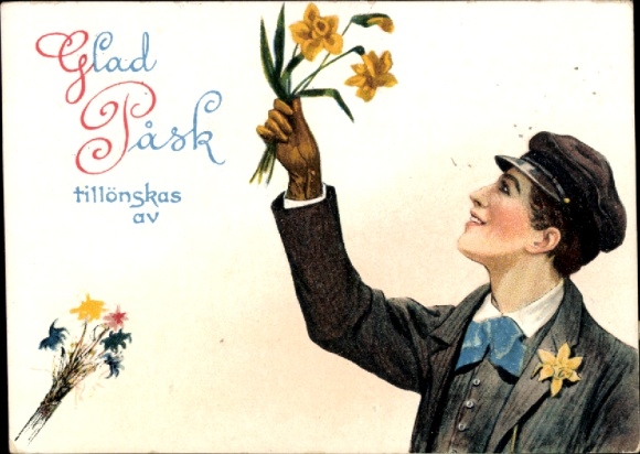 Künstler Ak Nyström, Jenny, Frohe Ostern, junger Mann mit Narzissen