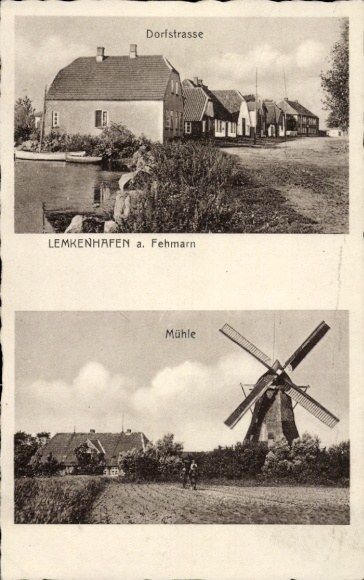 Ak Lemkenhafen Insel Fehmarn, Dorfstraße, Mühle