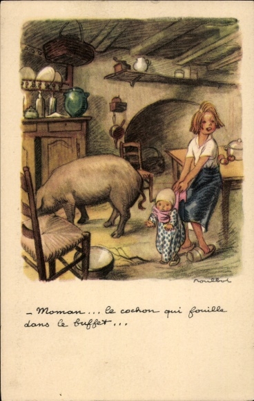 Künstler Ak Poulbot, Francisque, Kinder und Schwein in einer Küche