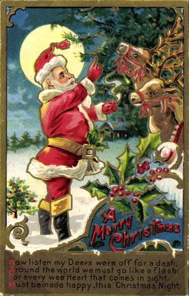 Präge Ak Frohe Weihnachten, Weihnachtsmann mit Rentieren, Stechpalmenzweige, Gedicht