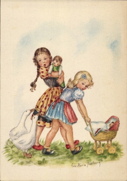 Künstler Ak Stahlberg, E. M., Kinder, Puppe, Puppenwagen, Gänse