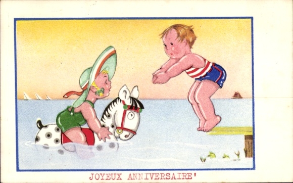 Künstler Ak Glückwunsch Geburtstag, Kinder beim Schwimmen