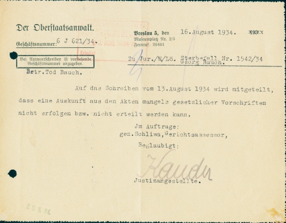 Historisches Dokument, Landgericht Breslau, Sterbefall, Georg Bauch, 16. August 1934