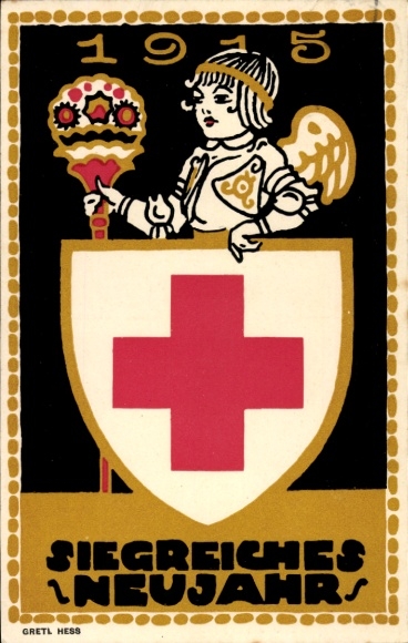 Künstler Ak Hess, Gretl, Glückwunsch Neujahr, Siegreiches Neujahr 1915, Bayerisches Rotes Kreuz
