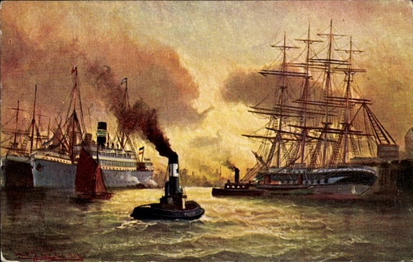 Künstler Ak Abendstimmung im Hafen, Schiffe, Segelschiff