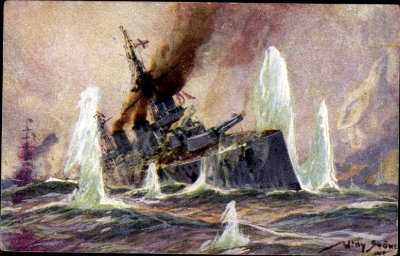 Künstler Ak Stöwer, Willy, Seegefecht in der Nordsee, Englischer Schlachtkreuzer, 1915