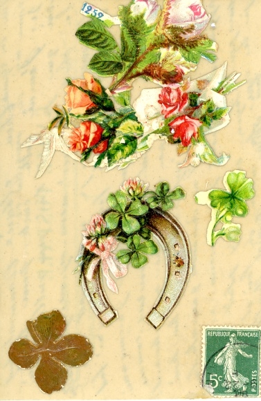 Zelluloid Ak Kitsch, Hufeisen, Glücksklee, Rosen