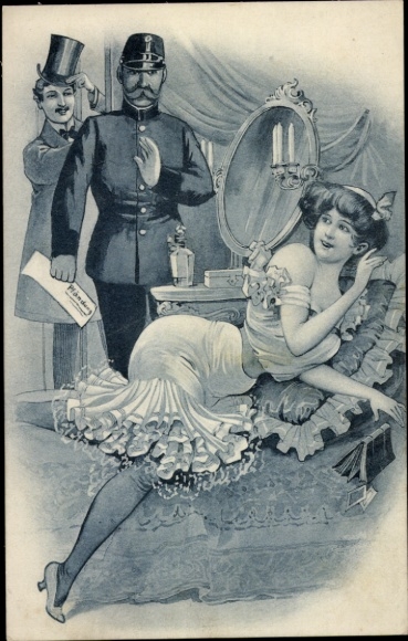 Künstler Ak Frau im Unterkleid auf dem Bett, Gerichtsvollzieher, Pfändung