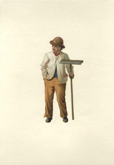 Oblate Junger Mann mit Besenstiel, ca. 15 x 8 cm