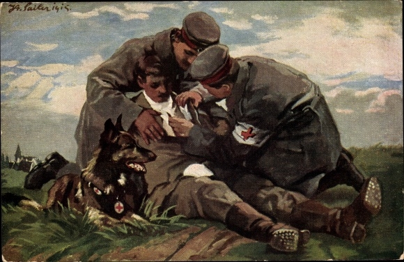 Künstler Ak Sailer, Der Sanitätshund im Felde, Verwundeter wird verbunden, Rotes Kreuz