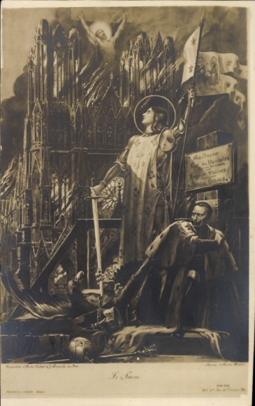 Ak Jeanne d'Arc mit Standarte, Kirche, Jesus, Flüchtender Kaiser Wilhelm II.