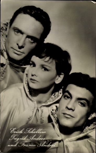Ak Schauspieler Erich Schellow, Franco Andrei, Schauspielerin Ingrid Andree, Film Drei vom Variete