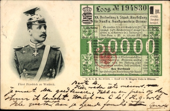 Ak Fürst Friedrich zu Waldeck, Lotterie, Los