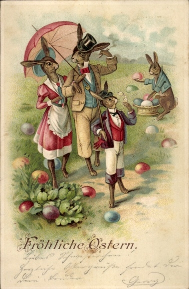 Litho Frohe Ostern, Osterhasen, Hasenfamilie beim Spaziergang, Ostereier