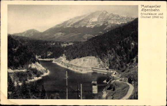 Ak Mariazell Steiermark, Mariazeller Alpenbahn, Erlauklause und Ötscher, Talsperre